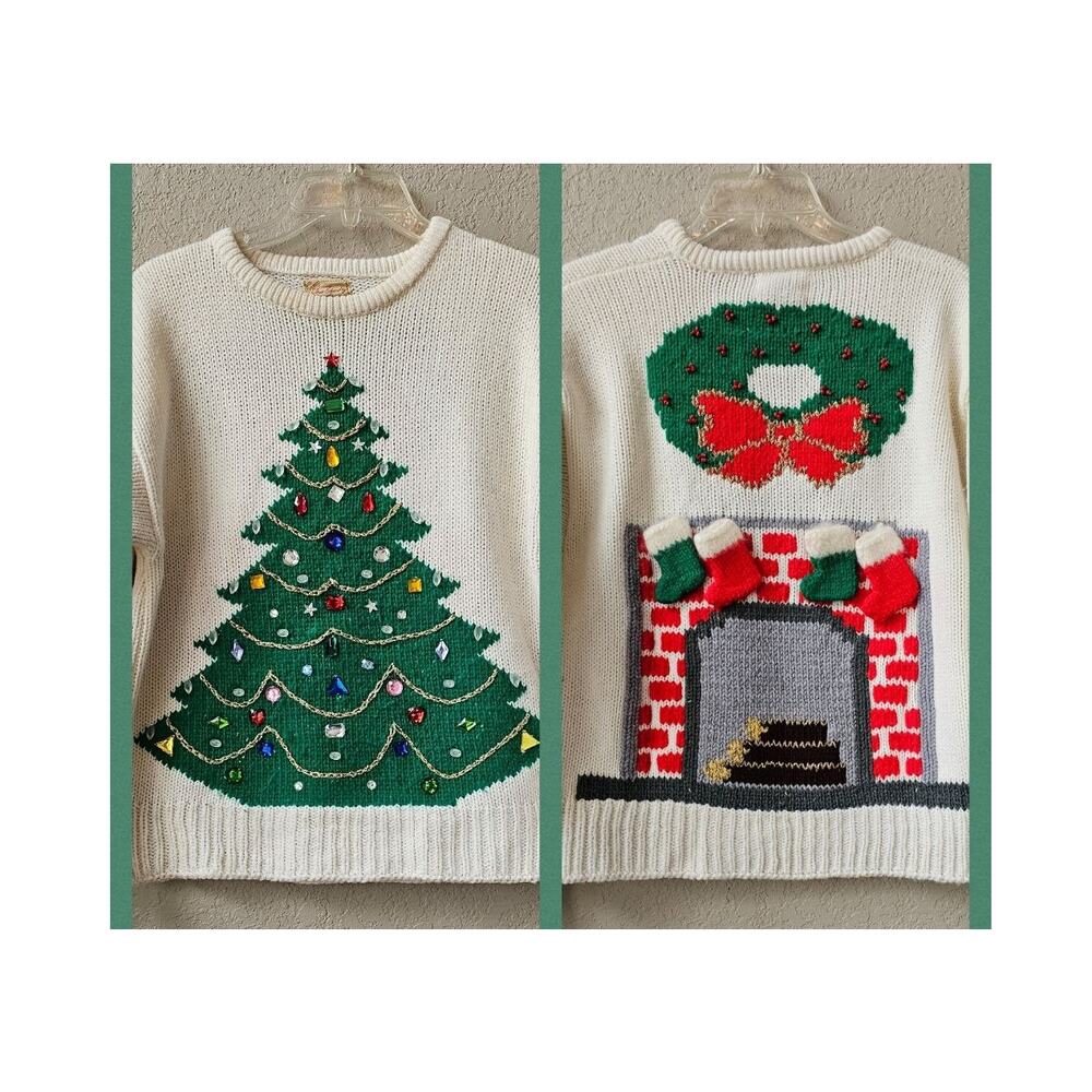 One of a Kind Handmade Christmas Tree Sweater Front Back Hearth Stockings MED‎